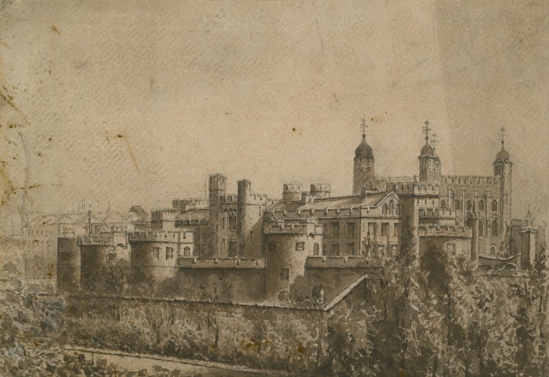 Generell utsikt over Tower of London (wc på papir) av English School