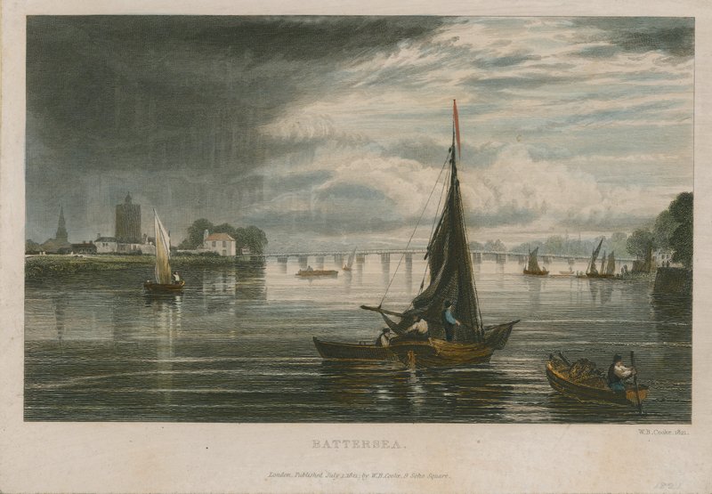 Generell utsikt over båter på Themsen ved Battersea av English School