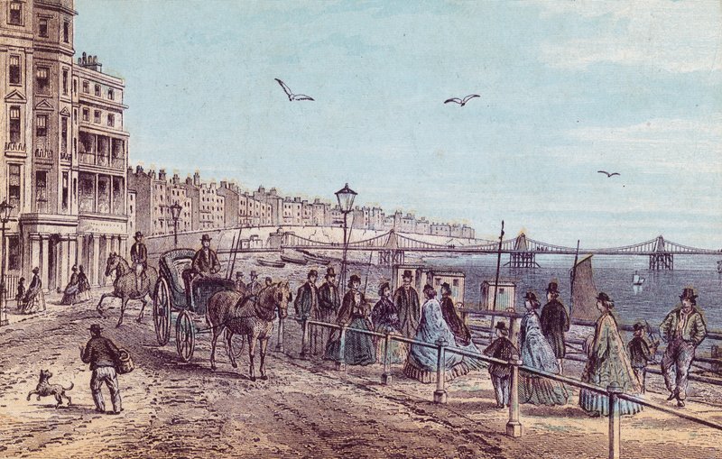 Generelt syn på folk på promenaden i Brighton av English School