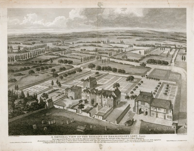 Generell oversikt over restene av Bermondsey Abbey, slik det så ut i 1805 av English School