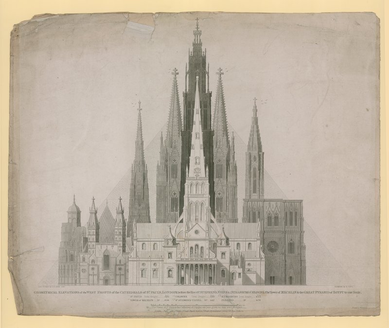Geometriske høyder av vestfrontene til katedralene i St. Pauls, London (før brannen) ... og den store pyramiden i Egypt i én skala av English School