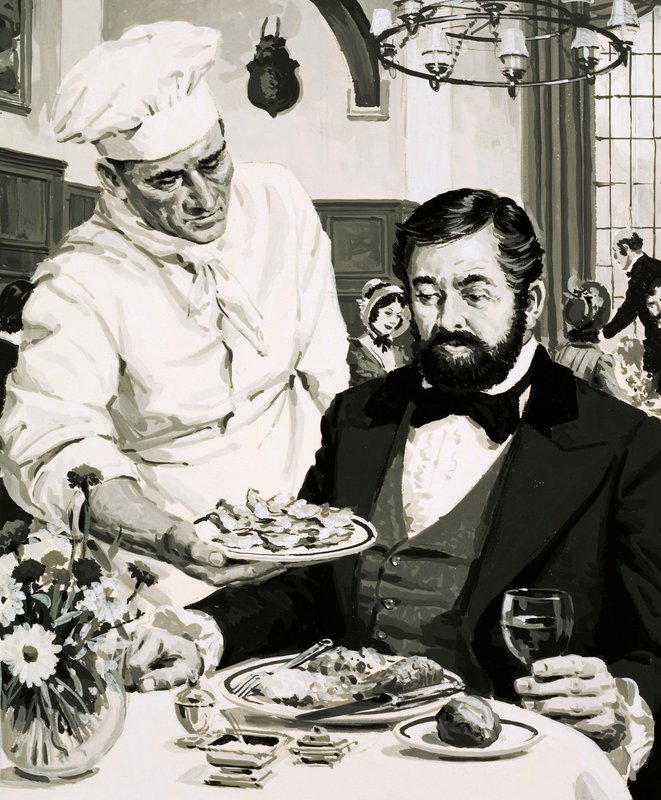 George Crum, oppfinneren av potetcrispen, presenterer sin kreasjon av English School