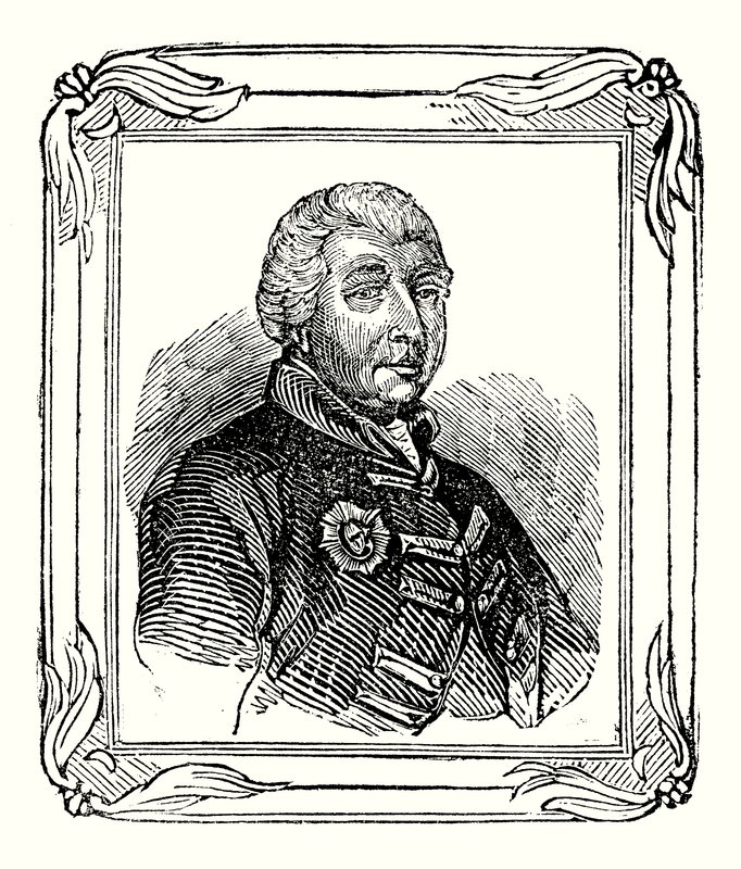 George III, barnebarn av George II ble født 1738; kronet i 1760; og døde i 1820 (gravering) av English School
