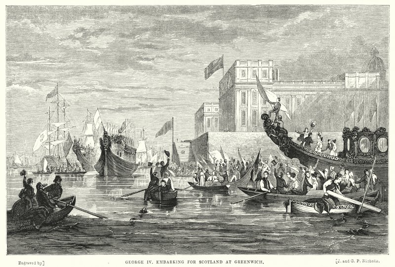 George IV legger ut til Skottland ved Greenwich (gravering) av English School