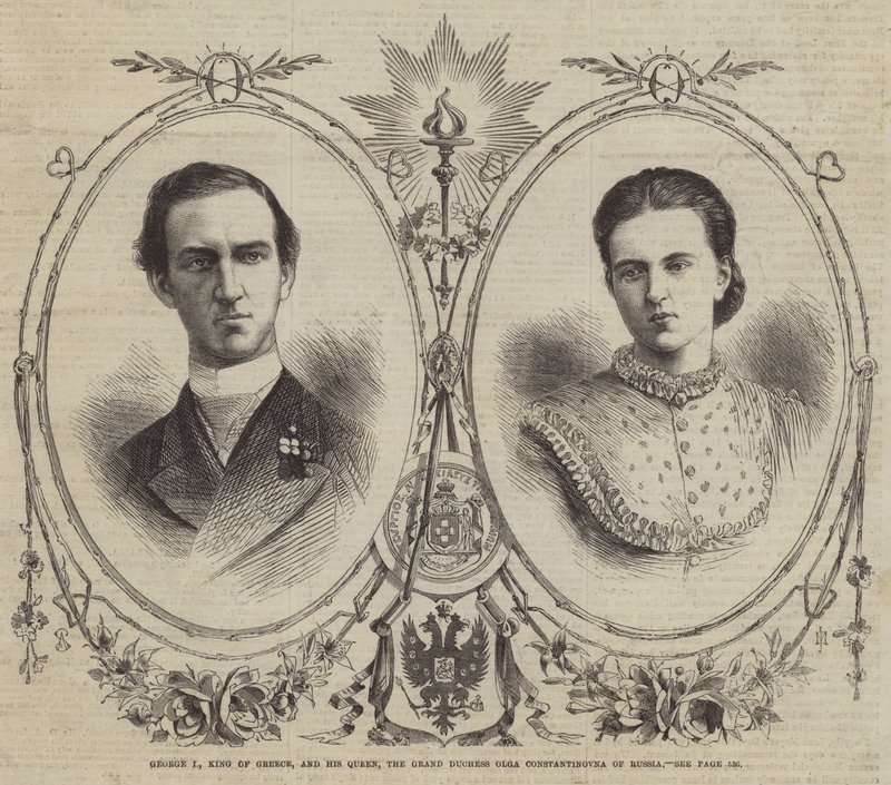 George I, konge av Hellas, og hans dronning, storhertuginnen Olga Constantinovna av Russland (gravering) av English School