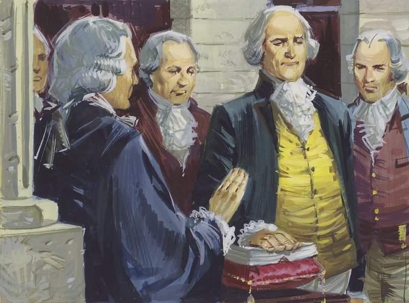 George Washington blir tatt i ed som USAs første president i New York av English School