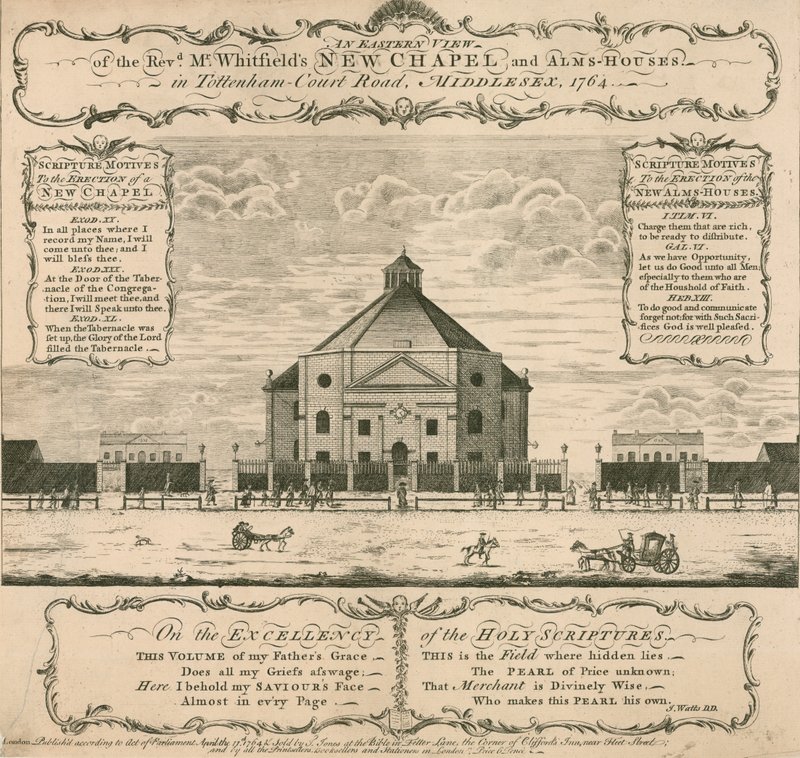 George Whitfields nye kapell og almissehus i Tottenham Court Road, London, 1764 av English School