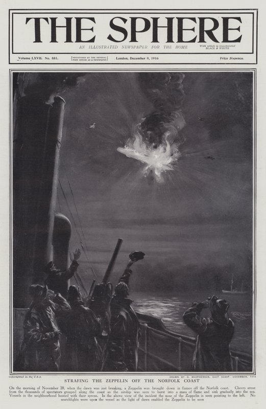 Tysk Zeppelin-luftskip skutt ned i flammer utenfor kysten av Norfolk, første verdenskrig, 28. november 1916 (litho) av English School
