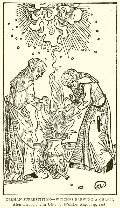 Tysk overtro - hekser som brygger en sjarm. Etter et tresnitt i Ulrichs Witches, Augsburg, 1508 av English School
