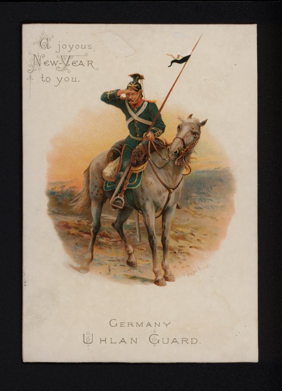 Tysk uhlan, nyttårs hilsen, sent på 1800- eller tidlig på 1900-tallet (chromolitho) av English School