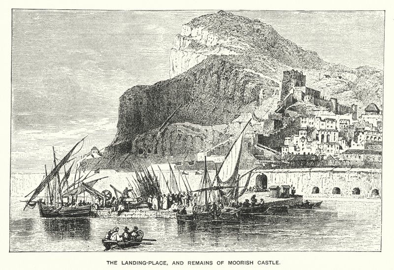 Gibraltar: Landingsstedet og restene av det mauriske slottet (gravering) av English School
