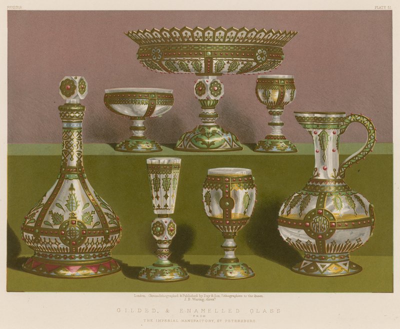 Forgylt og emaljert glass fra The Imperial Manufactory, St. Petersburg av English School