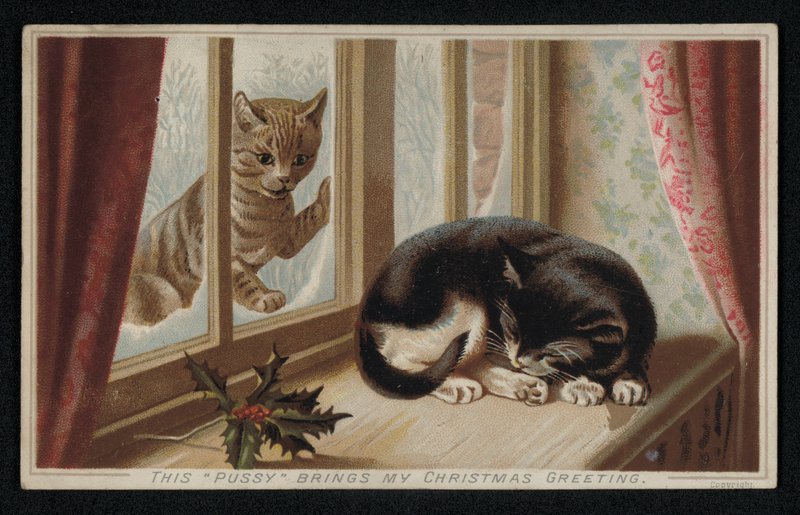 Ingefærkatt ser gjennom et vindu på en annen sovende katt, julehilsenskort (chromolitho) av English School