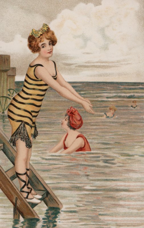 Jente i ferd med å stupe i havet (farge litho) av English School