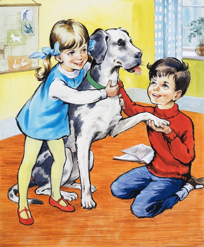 Jente og gutt med hund av English School