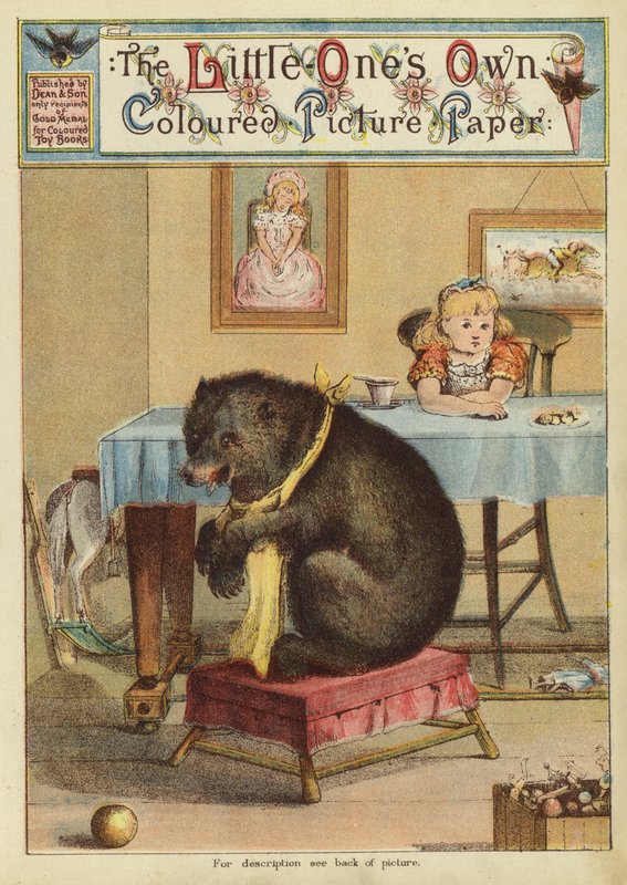 Jente ved bordet med en bjørn (chromolitho) av English School