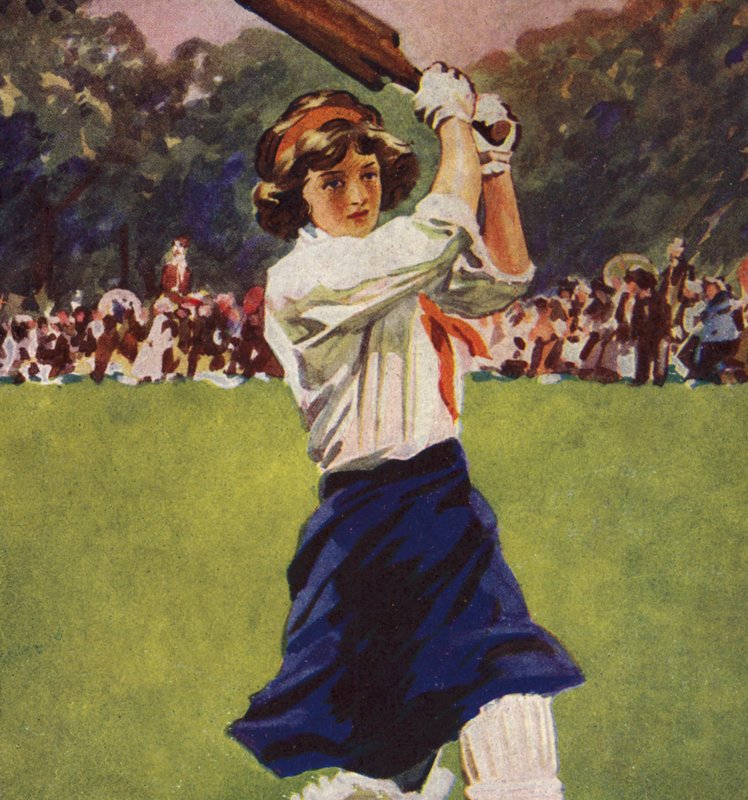 Jente som slår i et spill cricket (farge litho) av English School