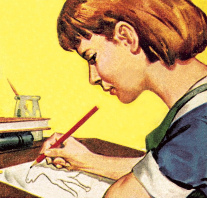 Jente tegner med blyant av English School