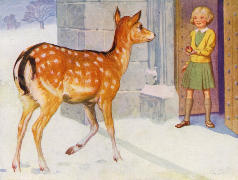 Jente som mater en hjort i snøen (farge litho) av English School