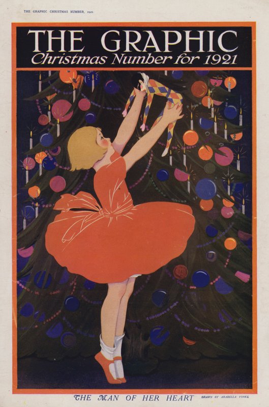 Jente som henger en harlekinpynt på et juletre (farge litho) av English School