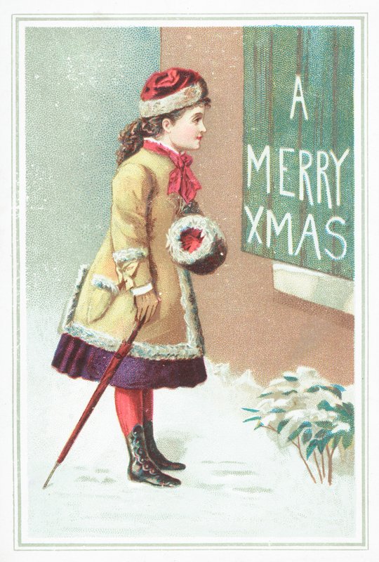 Jente som leser juleskilt, julekort av English School