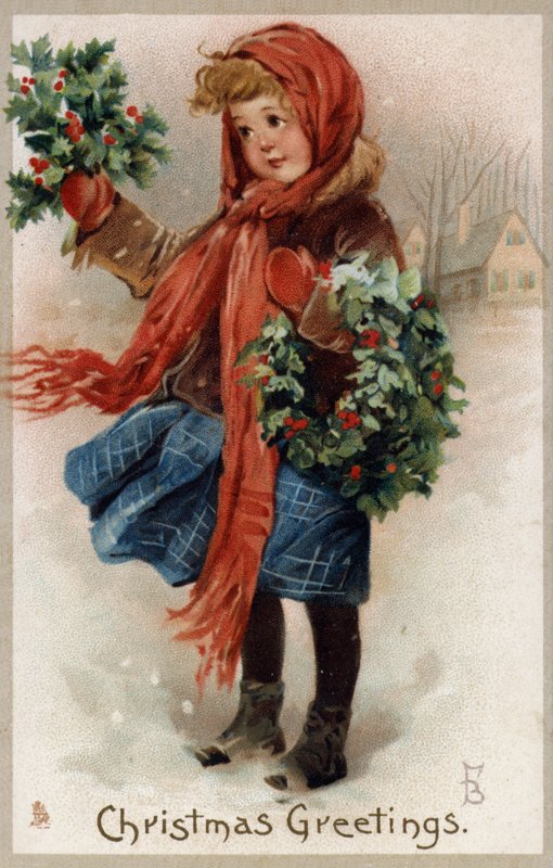 Jente som selger kristtorn og julekranser (chromolitho) av English School