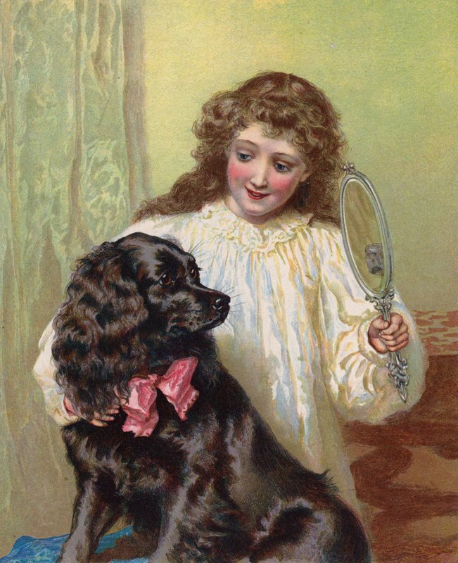 Jente som viser kjæledyrhunden sin refleksjon i et speil (chromolitho) av English School