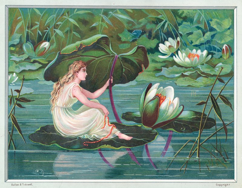 Jente sitter på Lily Pad i Pond, julekort av English School