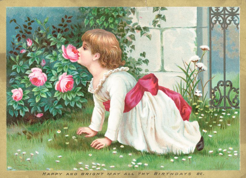 Jente som lukter blomster, bursdagskort av English School