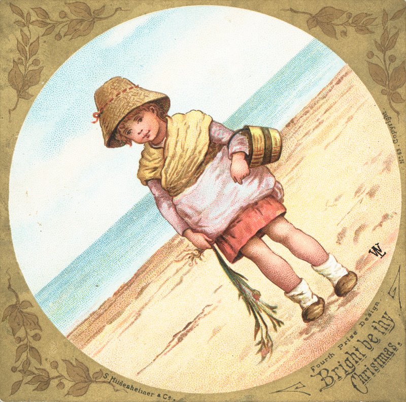 Jente som står på stranden, julekort av English School