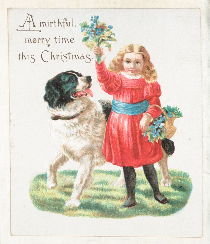 Jente som erter hund med blomster, julekort av English School