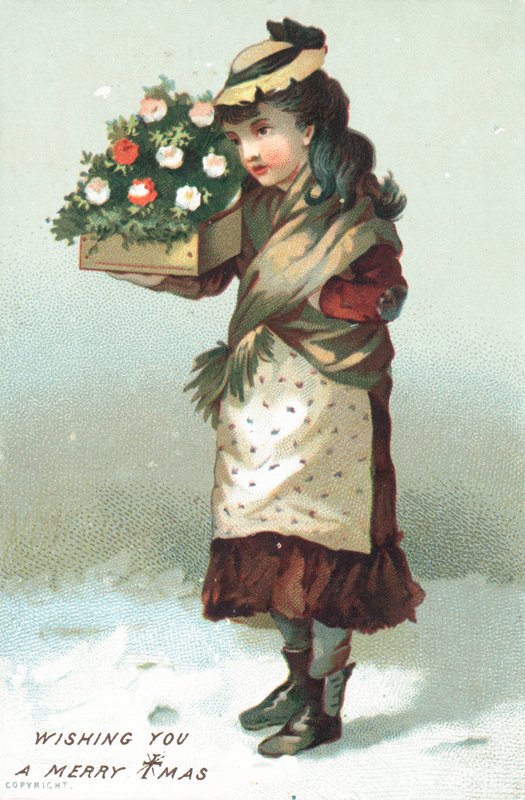 Jente som går i snøen og bærer boks med blomster, julekort av English School