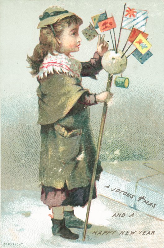 Jente som vinker med flagg, julekort av English School