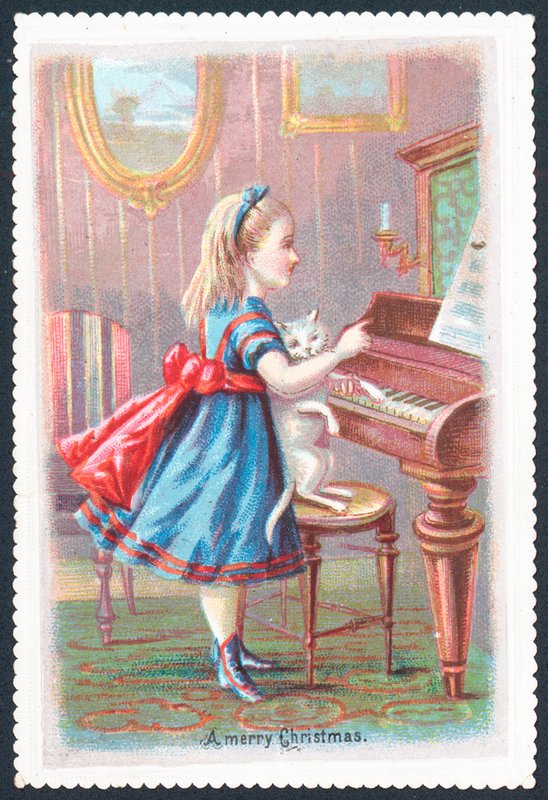 Jente med katt stående ved piano, julekort av English School