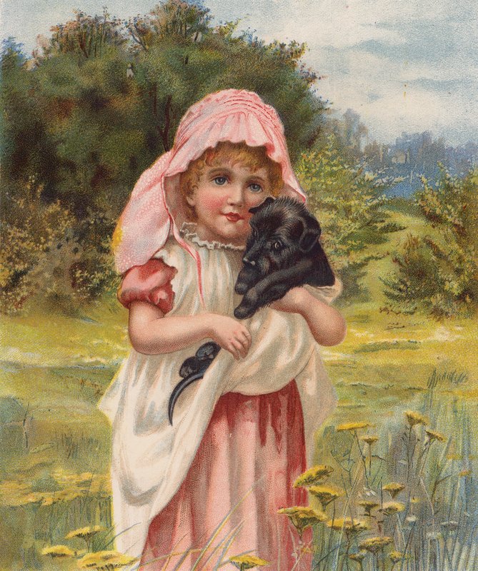 Jente med en valp (chromolitho) av English School