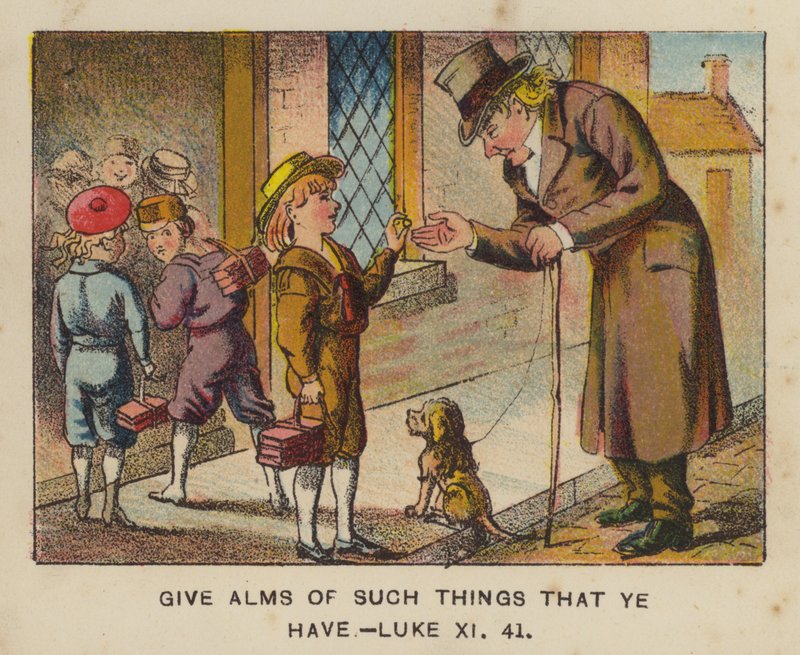 Gi almisser av slike ting du har, Lukas XI 41 (farge litho) av English School