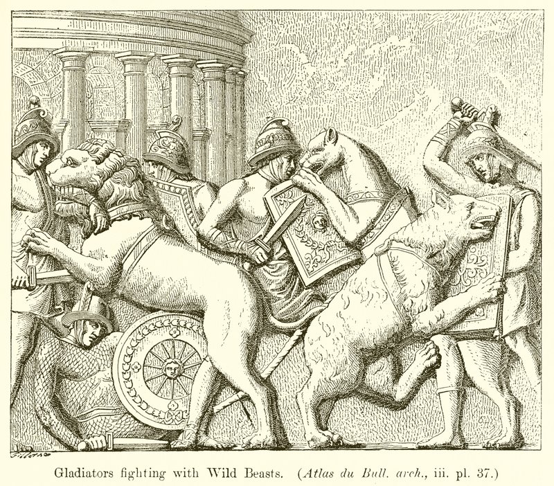 Gladiatorer som kjemper med ville dyr. (Atlas du Bull. arch., iii. pl. 37) av English School