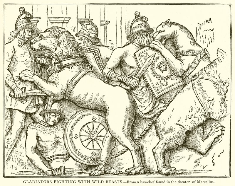 Gladiatorer som kjemper med ville dyr av English School