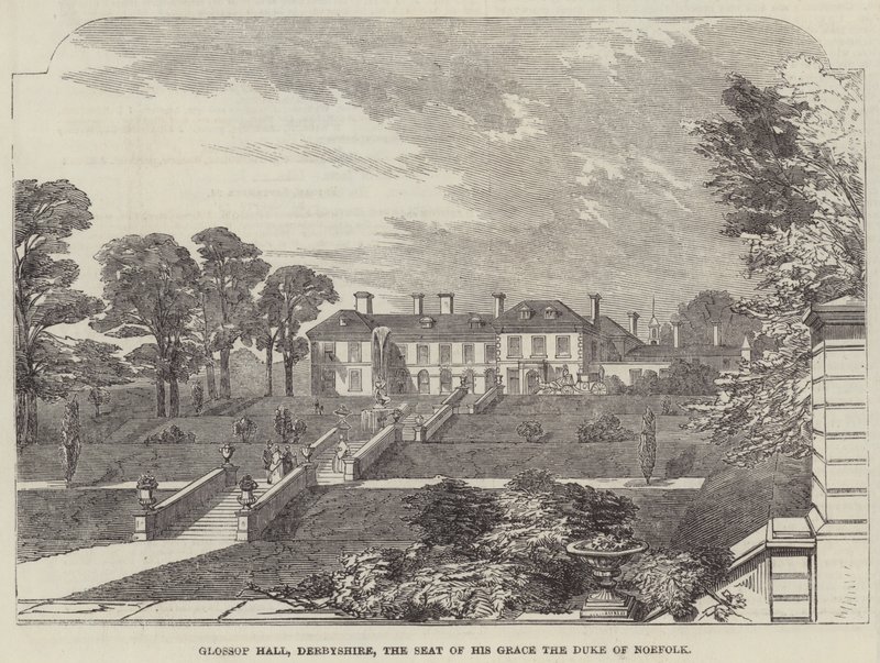 Glossop Hall, Derbyshire, Seat of His Grace the Duke of Norfolk (gravering) av English School