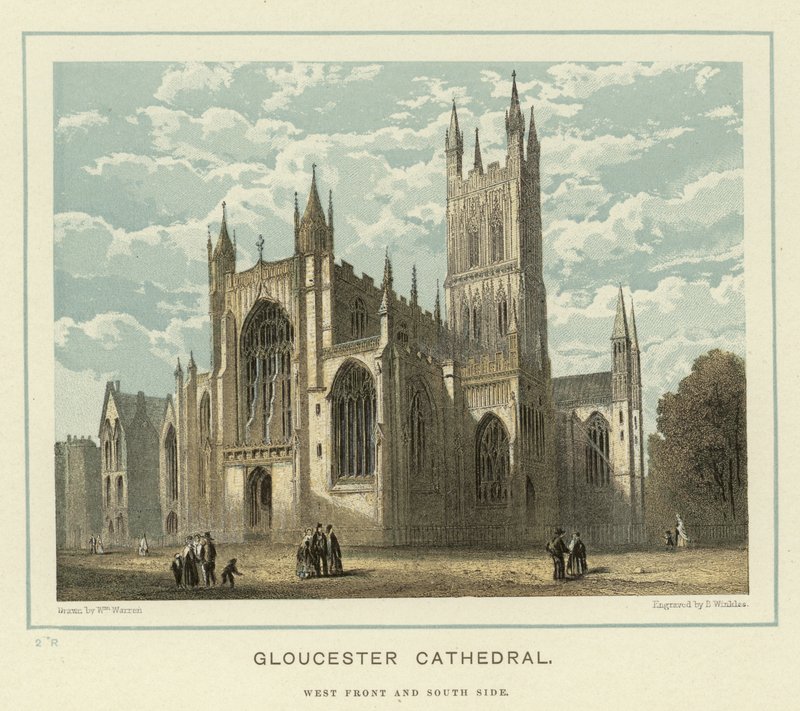 Gloucester Cathedral, vestfront og sørside av English School