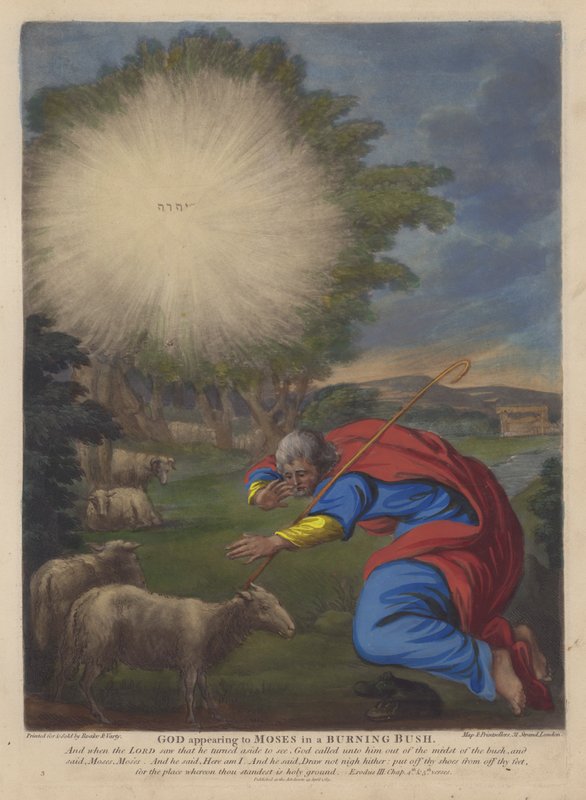 Gud viser seg for Moses i en brennende busk (farge litho) av English School