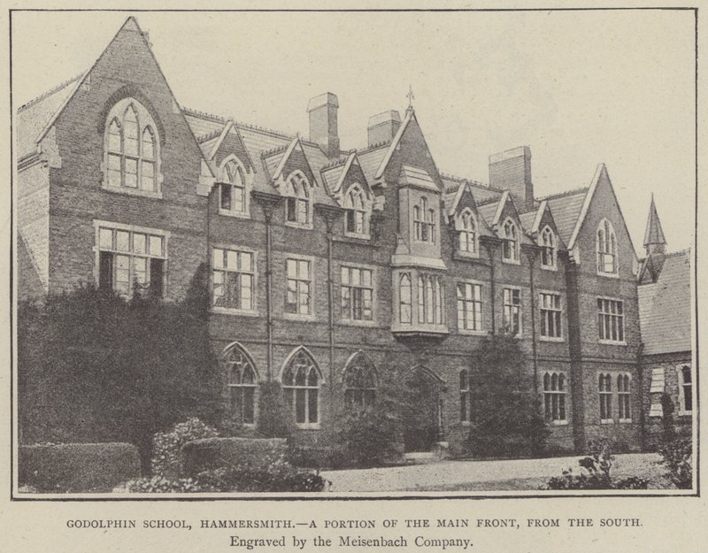 Godolphin School, Hammersmith, en del av hovedfronten, fra sør (gravering) av English School