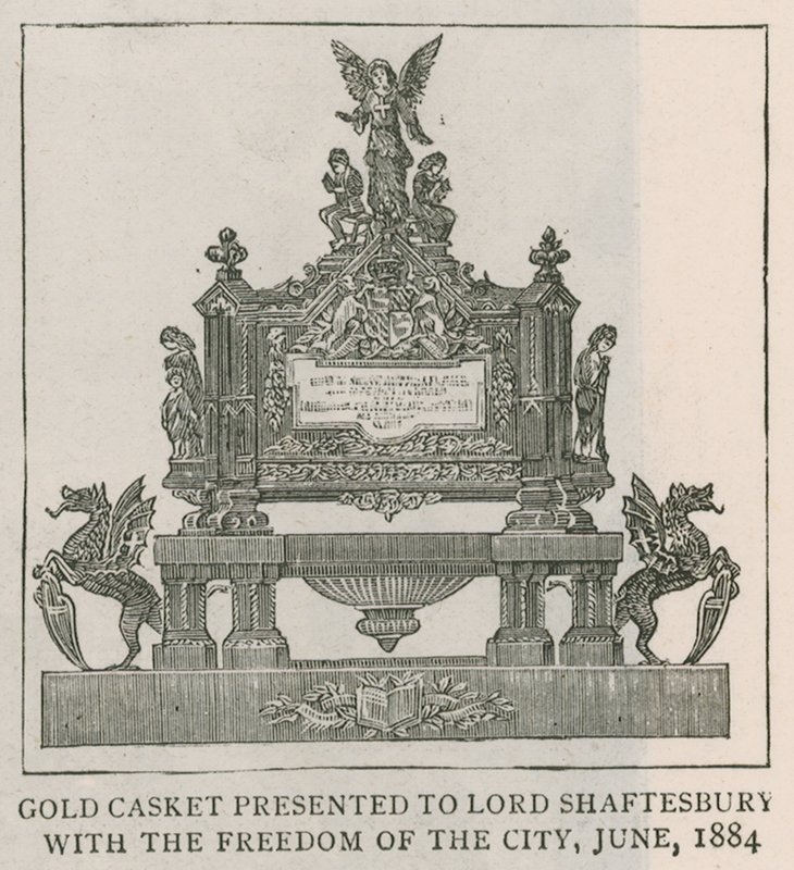 Gullkiste presentert til Lord Shaftesbury med byens frihet, juni 1884 av English School