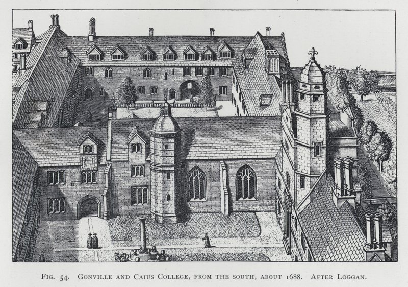 Gonville og Caius College, fra sør, ca 1688, etter Loggan (gravering) av English School