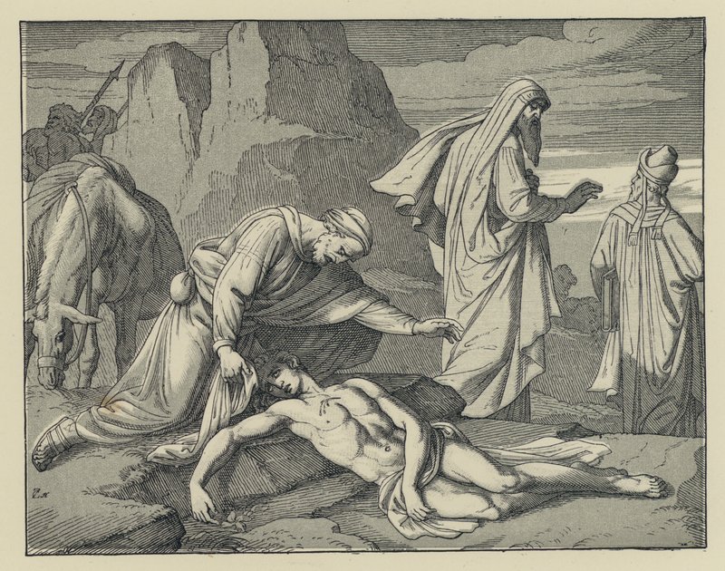 barmhjertig samaritan (gravering) av English School