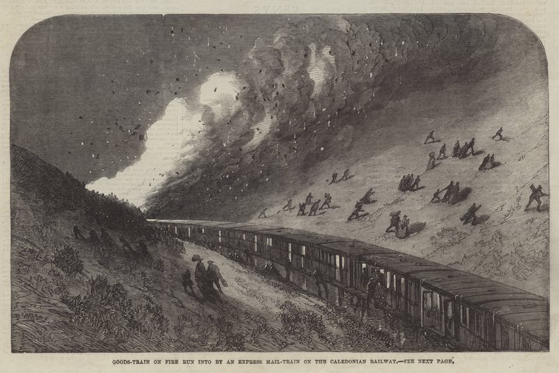 Godstog i brann påkjørt av et ekspressposttog på Caledonian Railway (gravering) av English School
