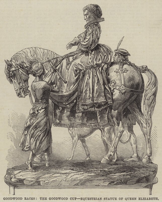 Goodwood Races, Goodwood Cup, Equestrian Statue of Queen Elizabeth (gravering) av English School