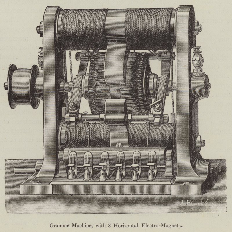 Gramme-maskin, med 8 horisontale elektromagneter (gravering) av English School