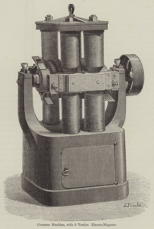 Gramme Machine, med 8 vertikale elektromagneter (gravering) av English School