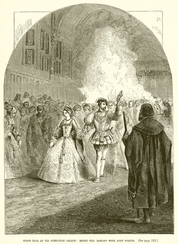 Grand Ball på Old Greenwich Palace: Henry VIII. danser med Anne Boleyn av English School